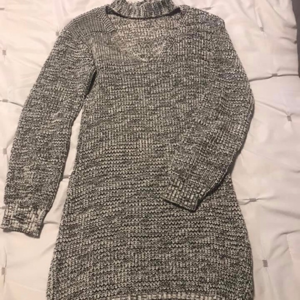 Gray sweater dress with cut out neck detail